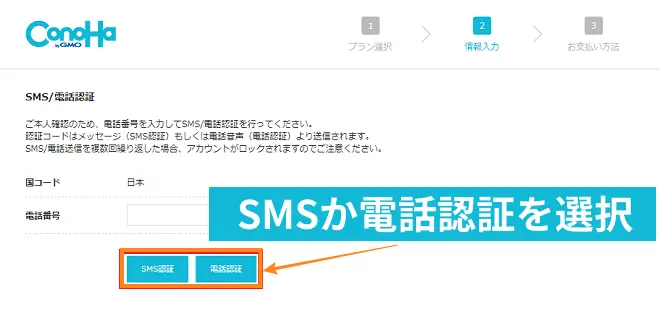 SMS/電話認証画面